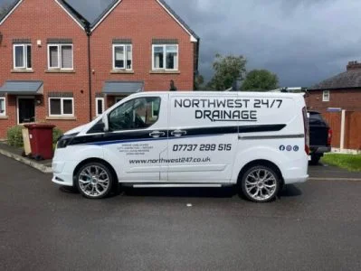 Northwest Drainage 24/7 van on a residential drain unblocking job in Greater Manchester