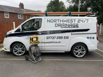 Northwest drainage 24/7 Ltd. repair van preparing to perform drain repairs in Greater Manchester
